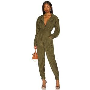 Tularosa Marley Jumpsuit Olive Green Floral Jogger Jacquard‎ Sz XS Collared